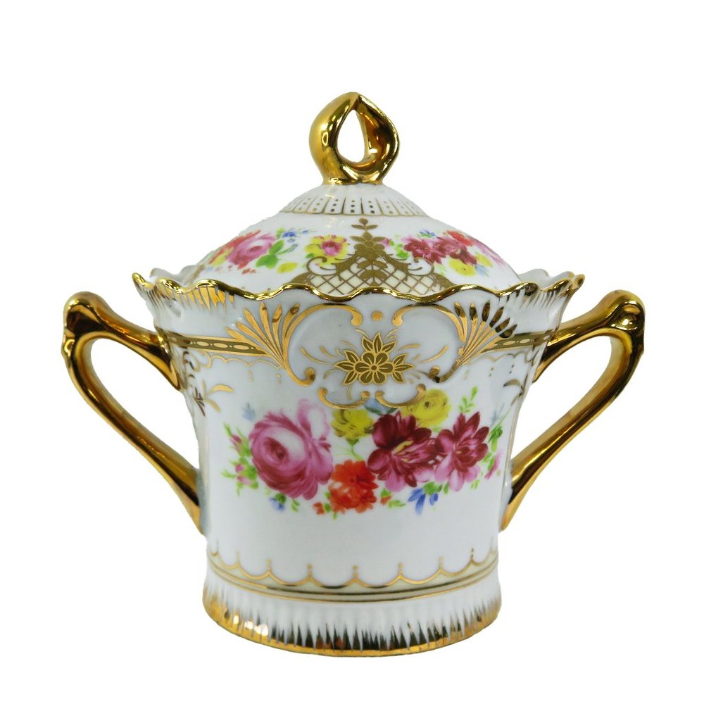 Vintage ROYAL SCOTLAND Porcelain 5" Sugar Bowl Jar Reticulated Hearts Gold Trim